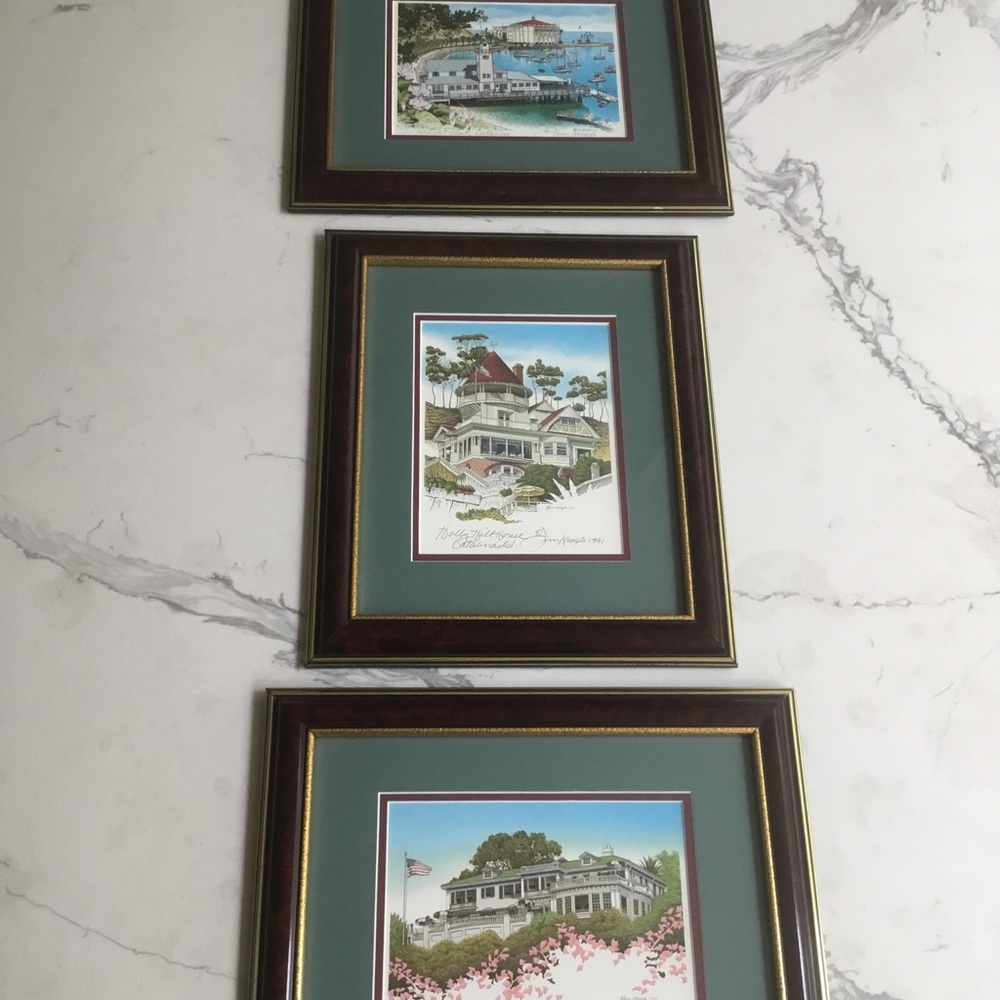 3 Jim Krogle Catalina Lithographs Signed VTG Framed Wrigley Mansion, Yacht Club